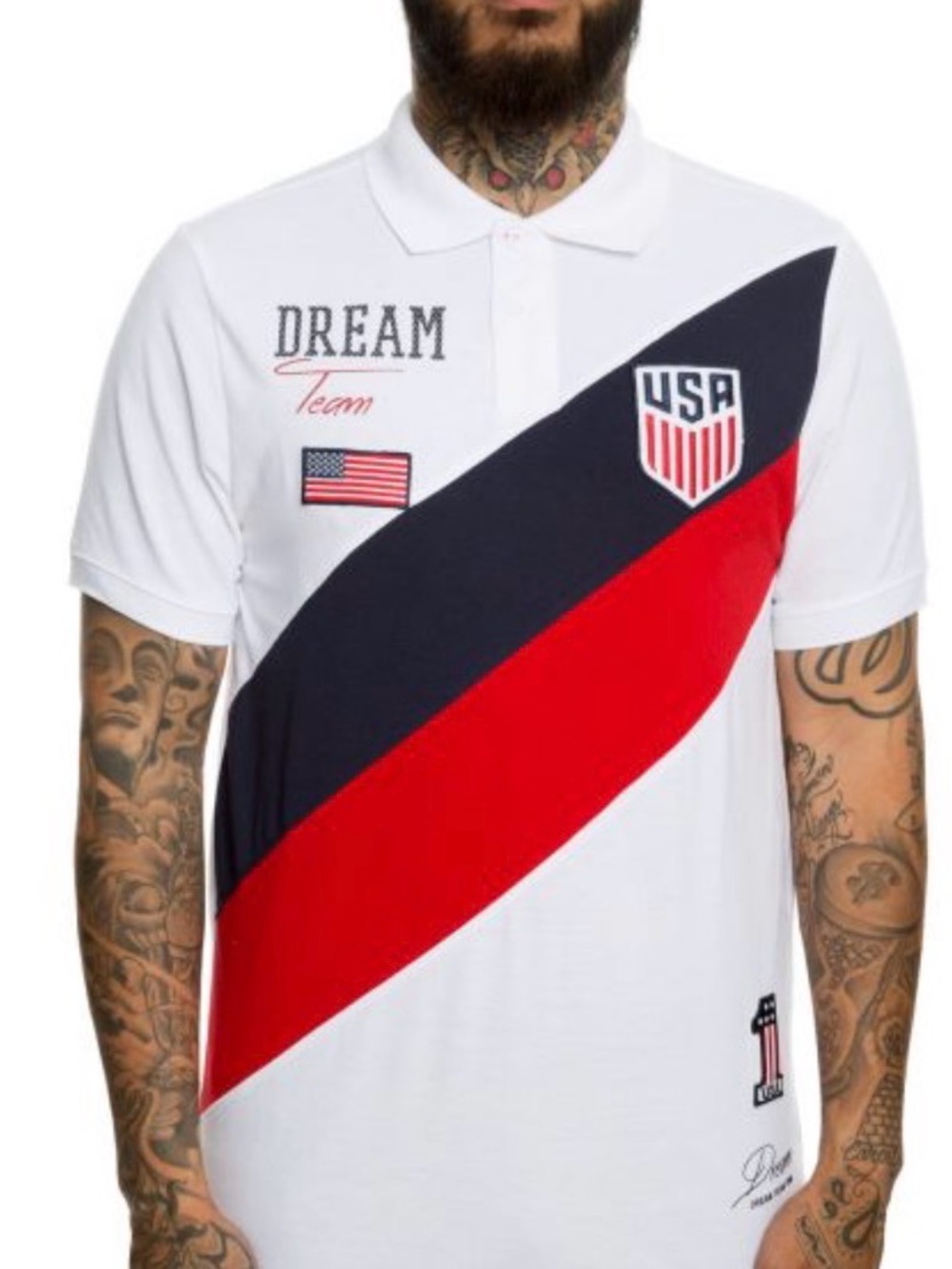USA Dream Team White Polo with Navy & Red Diagonal Panels